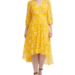 Calvin Klein Yellow Floral V-Neck Midi Dress